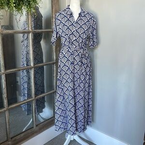 JDY tie waist midi shirt dress in blue print S